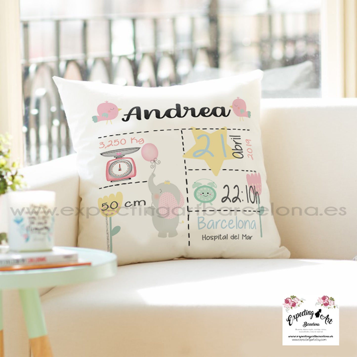 Cojín nacimiento de bebé personalizado con nombre| Modelo Andrea elefantita| Funda desenfundable (35cm x 35cm 40cm x 40cm)