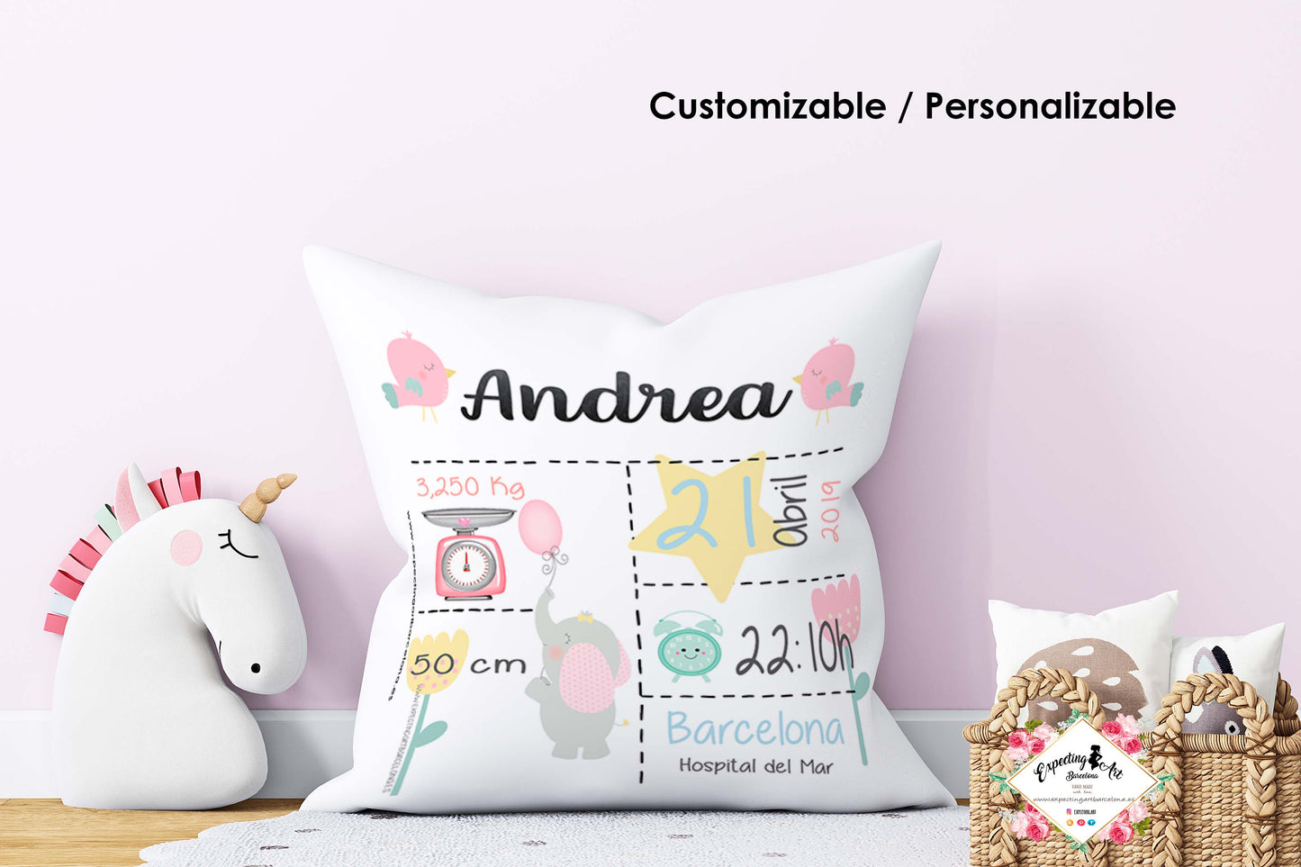Cojín nacimiento de bebé personalizado con nombre| Modelo Andrea elefantita| Funda desenfundable (35cm x 35cm 40cm x 40cm)
