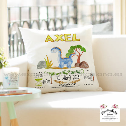 Cojín nacimiento de bebé personalizado con nombre| Modelo Dinosaurio azul| Funda desenfundable (35cm x 35cm 40cm x 40cm)