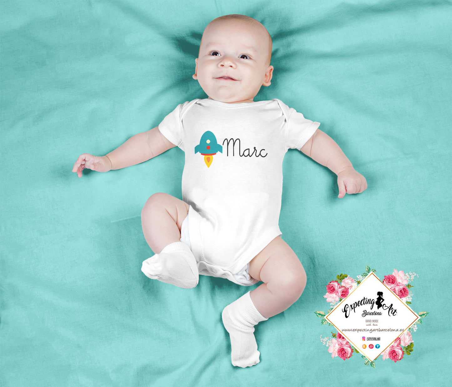 Body Blanco Personalizado para Bebés con Nombre y Cumpleaños - Modelo Rocket