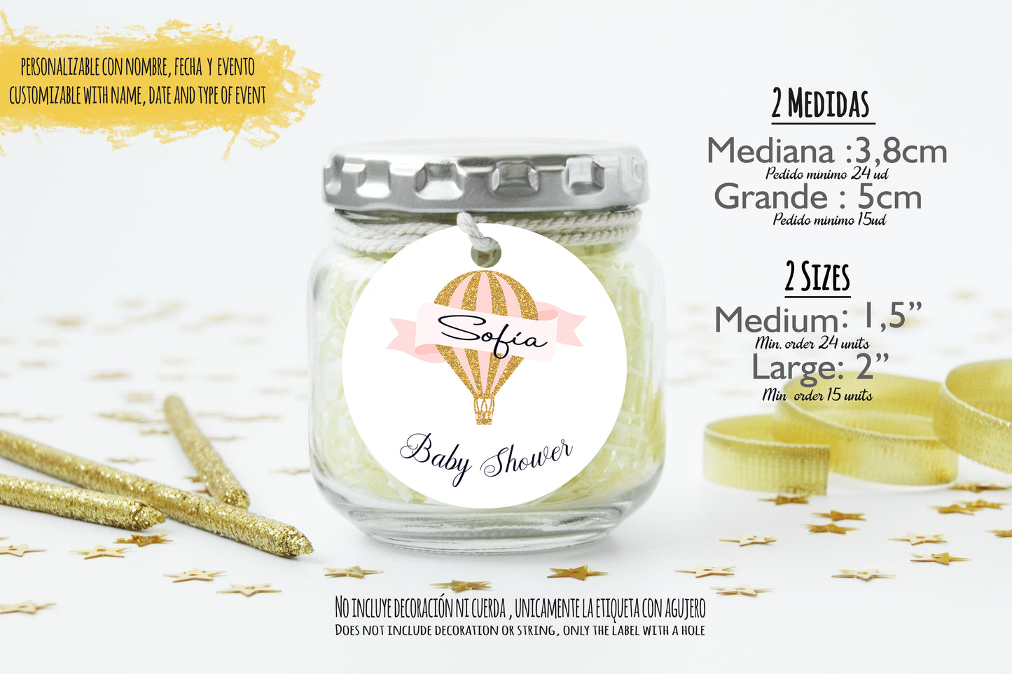 24 Etiquetas personalizadas redondas para detalles de bautizo, baby shower, cumpleaños. |Mod. globo aerostático rosa