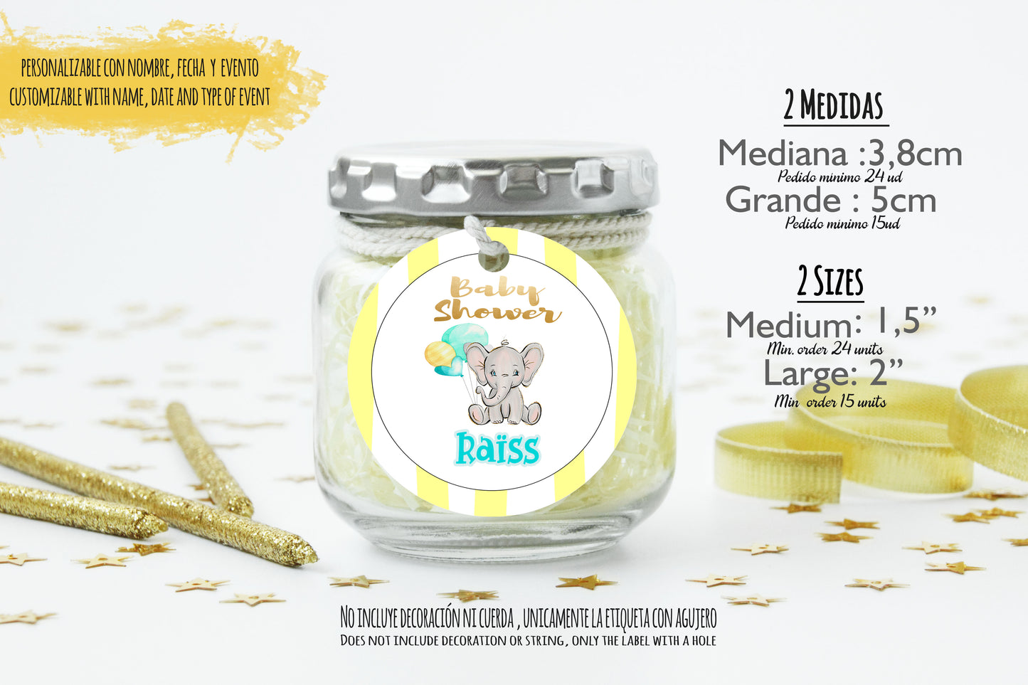 24 Etiquetas personalizadas redondas para detalles de bautizo, baby shower, cumpleaños | Modelo " Elefante amarillo"