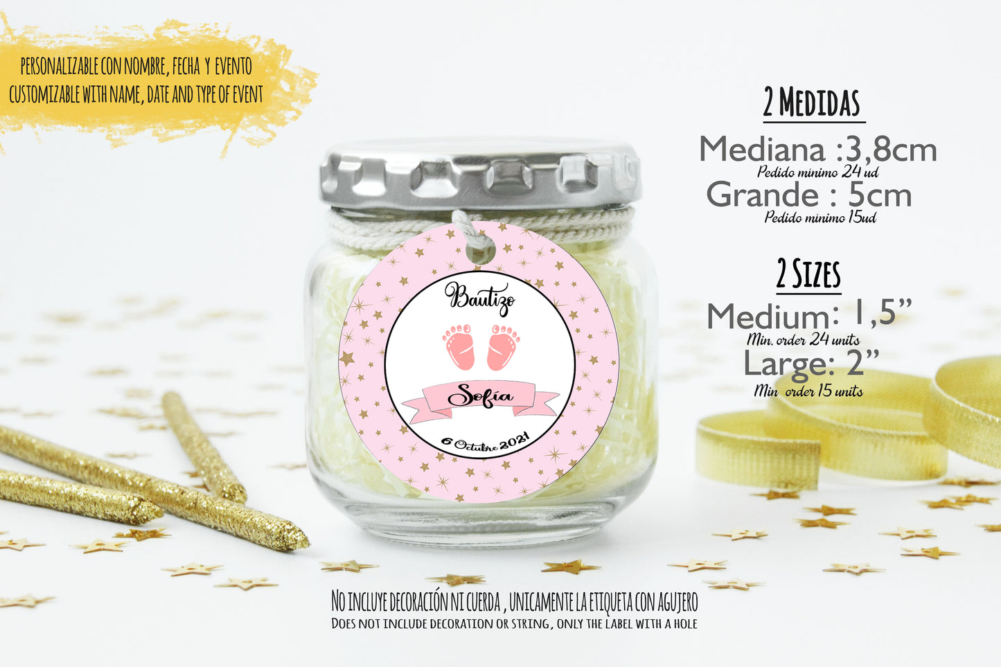 24 Etiquetas personalizadas redondas para detalles de bautizo, baby shower.| Modelo : "Piececitos Rosas"