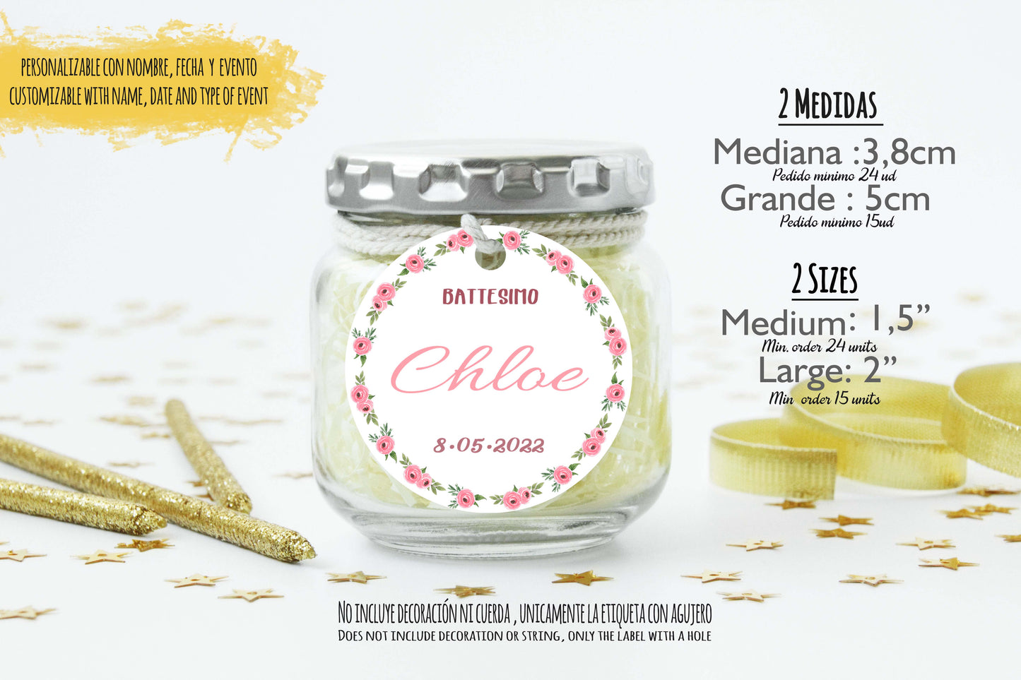 24 Etiquetas personalizadas redondas para detalles de baby shower, bautizo, cumpleaños |Modelo "Chloe Florecitas"