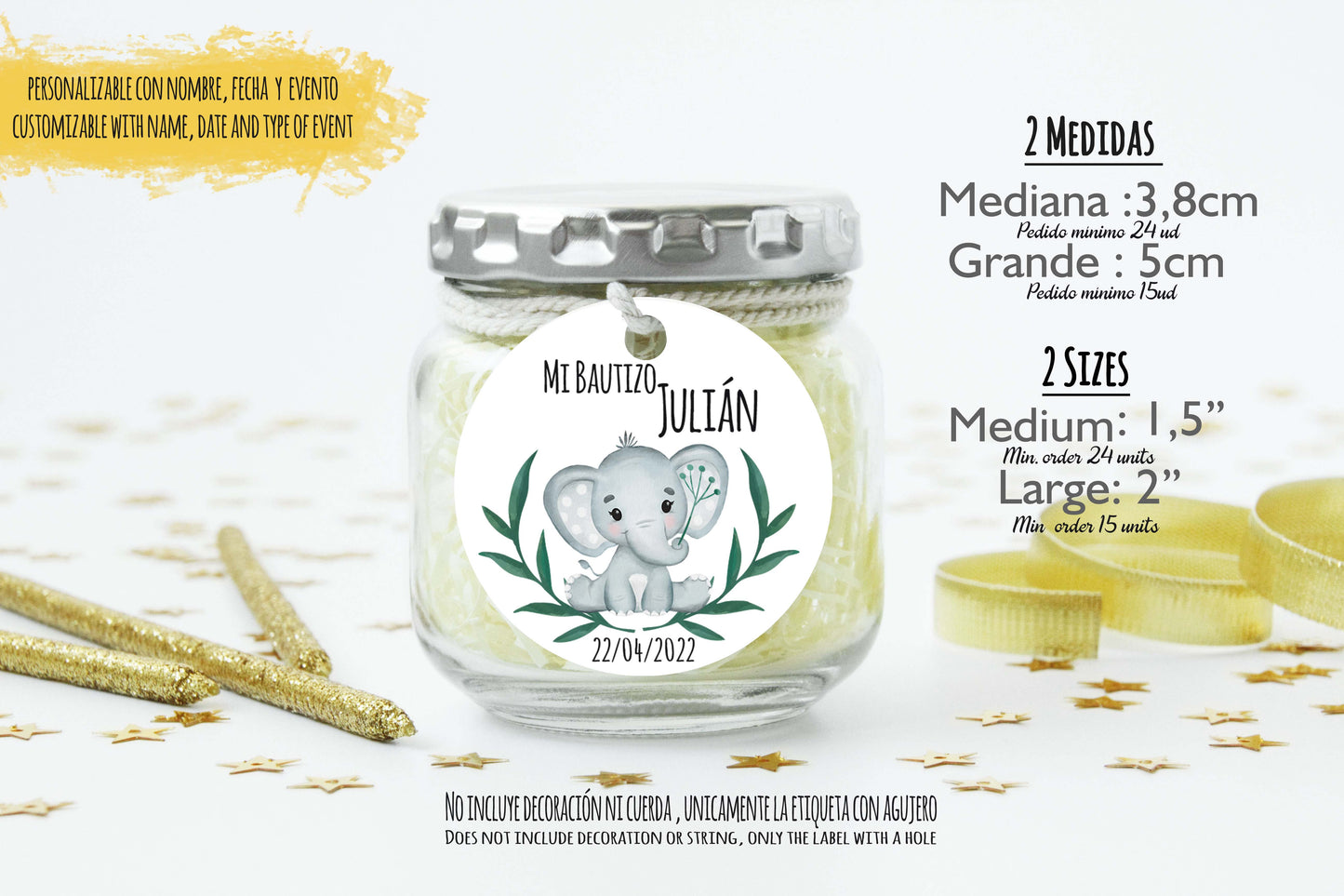 24 Etiquetas personalizadas redondas para detalles de baby shower, nacimiento, bautizo, cumpleaños |Mod. "Elefante Julián Watercolor"