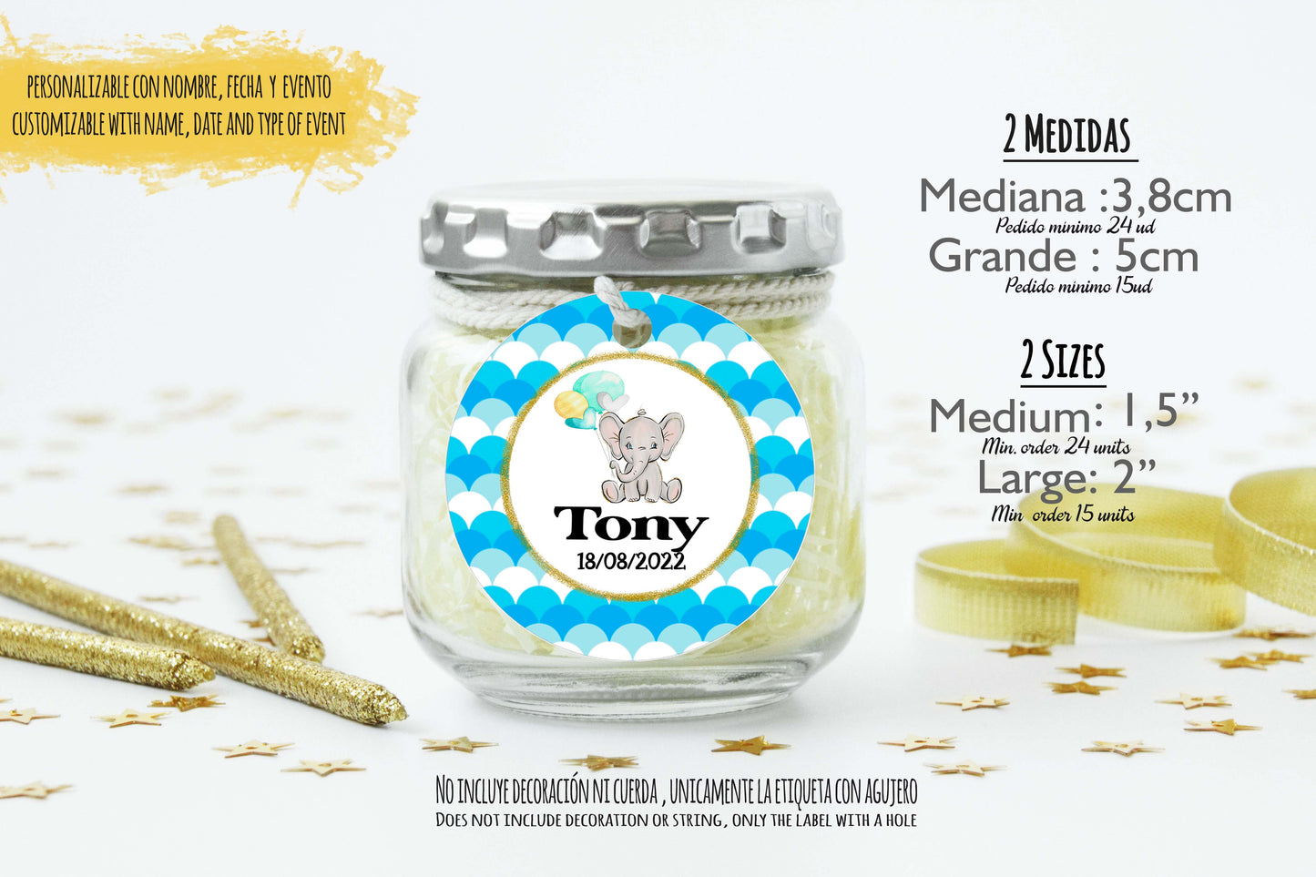 24 Etiquetas personalizadas redondas para detalles de Bautizo| Baby shower| Cumpleaños |  |Mod. "Bebé Elefante con globos marco azul"