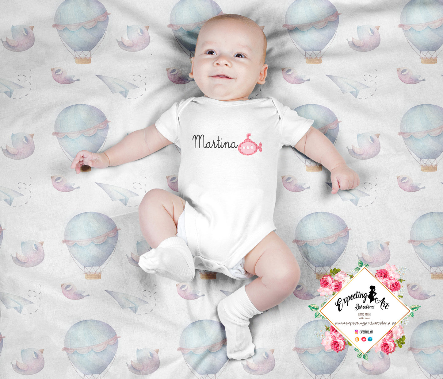 Body Blanco Personalizado para Bebés con Nombre - Modelo Martina Submarino Rosa