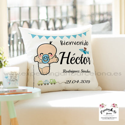 Cojín nacimiento de bebé personalizado con nombre| Modelo Bebé Héctor| Funda desenfundable (35cm x 35cm 40cm x 40cm)