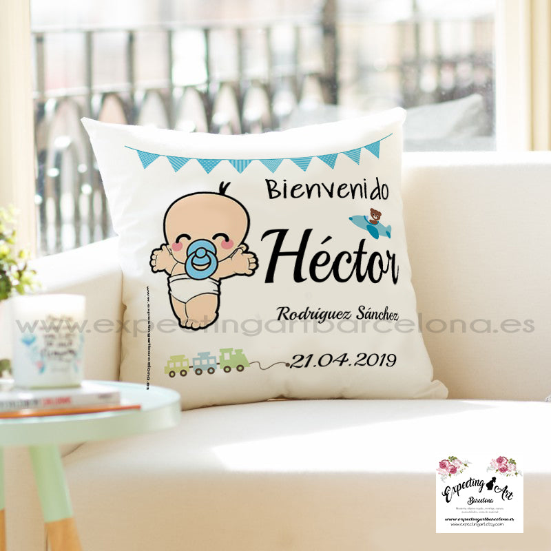 Cojín nacimiento de bebé personalizado con nombre| Modelo Bebé Héctor| Funda desenfundable (35cm x 35cm 40cm x 40cm)