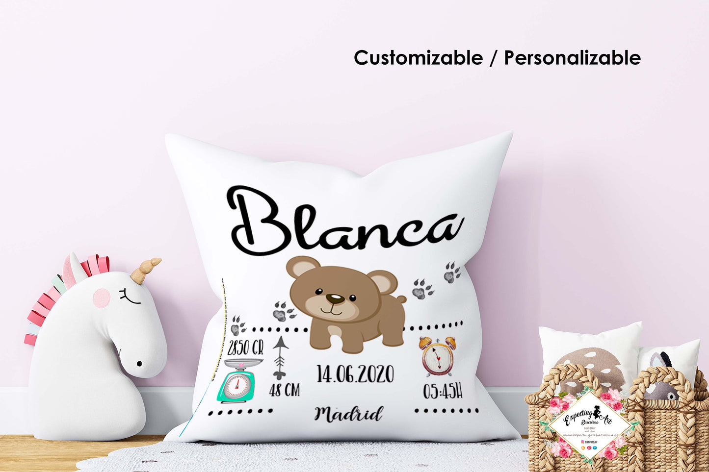 Cojín nacimiento de bebé personalizado con nombre| Modelo Osita Blanca| Funda desenfundable (35cm x 35cm 40cm x 40cm)