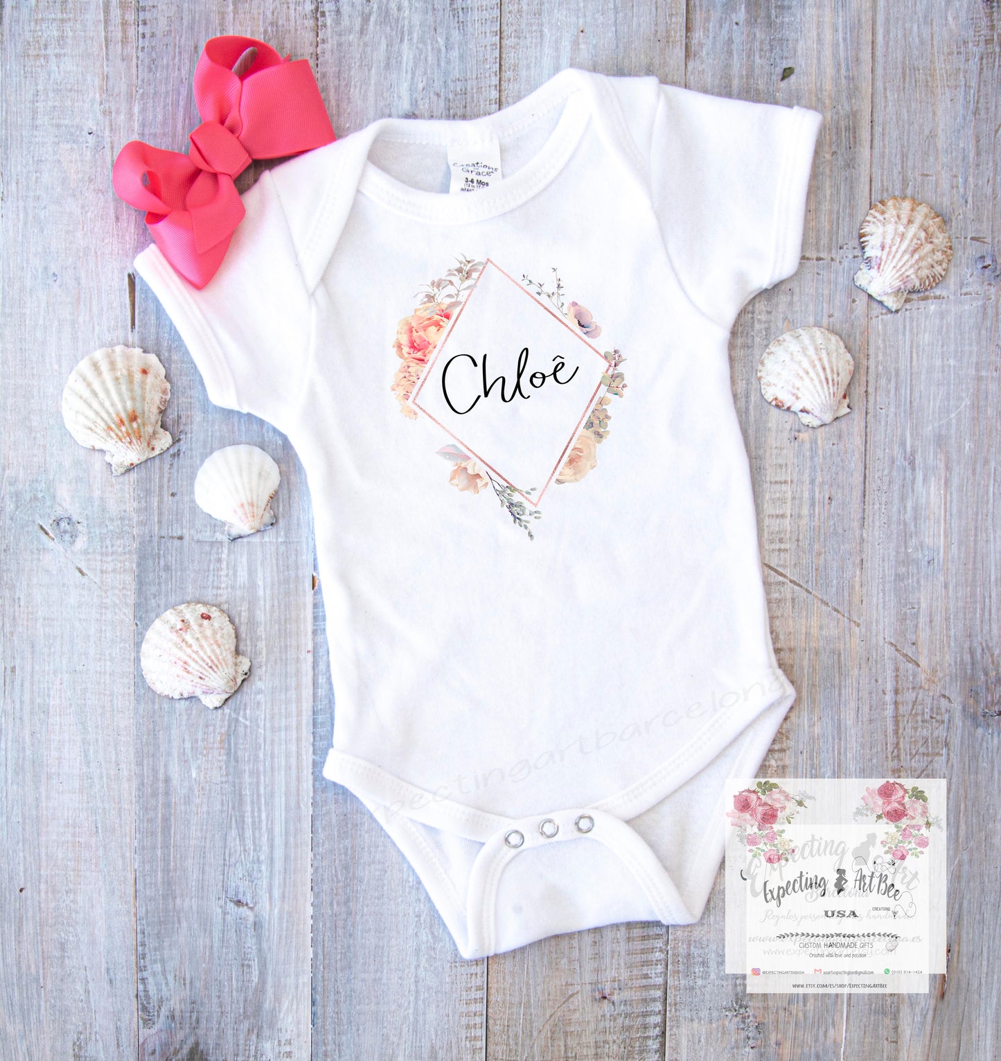Bodie de algodón bebé personalizado con el nombre | Mod. Chloe florecitas| Manga Corta y Manga Larga | Tallas Varias.