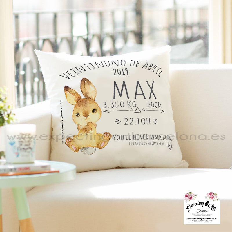 Cojín nacimiento de bebé personalizado con nombre| Modelo Conejito Max| Funda desenfundable (35cm x 35cm 40cm x 40cm)