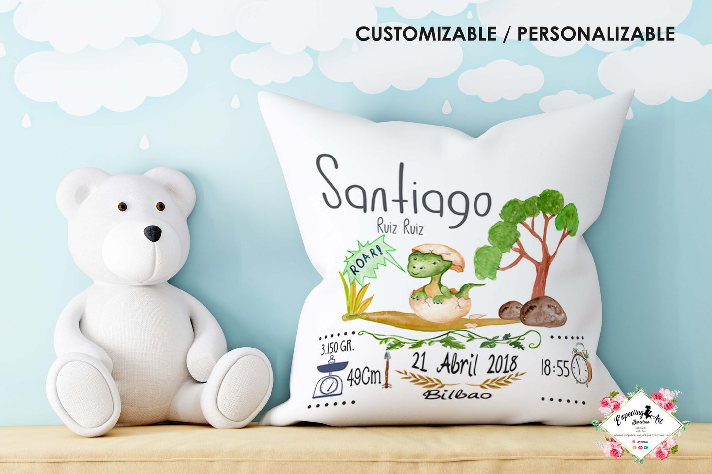 Cojín nacimiento de bebé personalizado con nombre| Modelo Dinosaurio saliendo del huevo| Funda desenfundable (35cm x 35cm 40cm x 40cm)