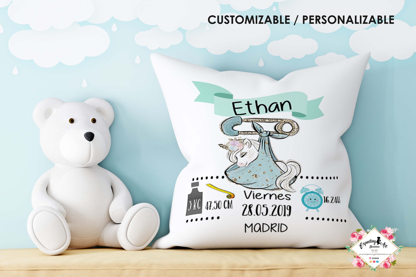 Cojín nacimiento de bebé personalizado con nombre y datos del bebé| Mod. Ethan Unicornio| Funda desenfundable (35cm x 35cm 40cm x 40cm)
