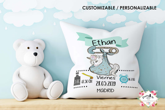 Cojín nacimiento de bebé personalizado con nombre y datos del bebé| Mod. Ethan Unicornio| Funda desenfundable (35cm x 35cm 40cm x 40cm)