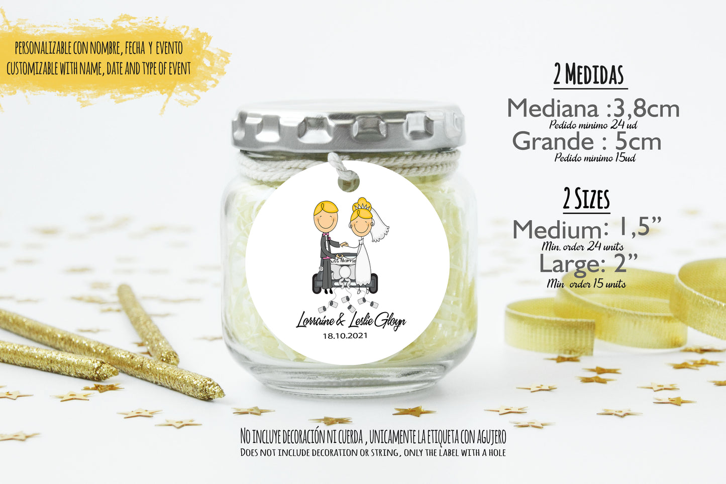 24 Etiquetas personalizadas redondas para detalles de boda |Mod. "Pareja de novios"
