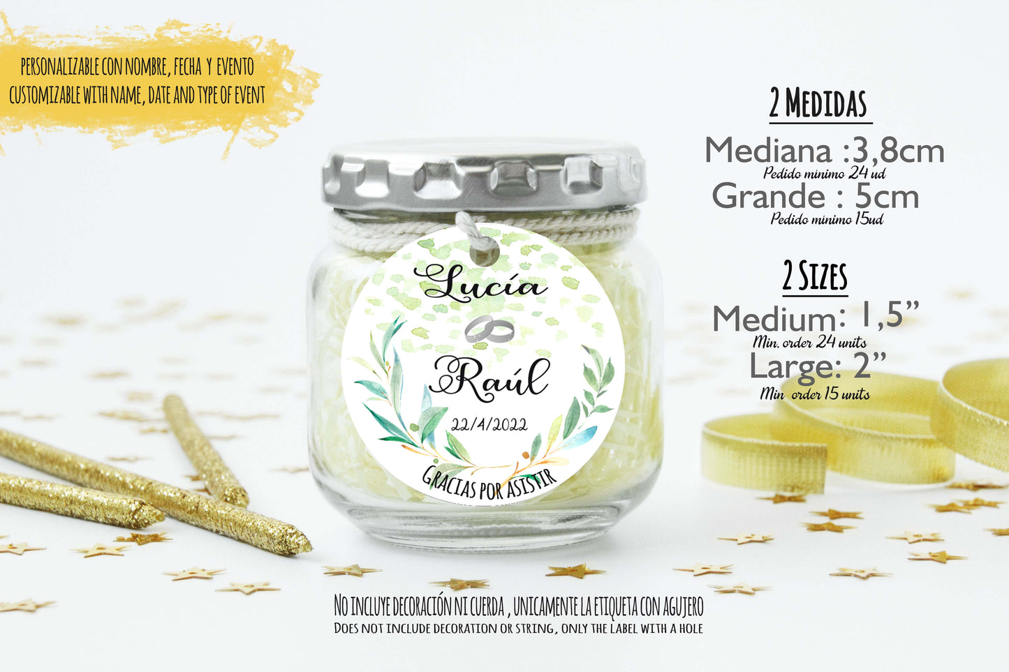 24 Etiquetas personalizadas redondas para recuerdos de boda | Mod. "Rama olivo y nombres "