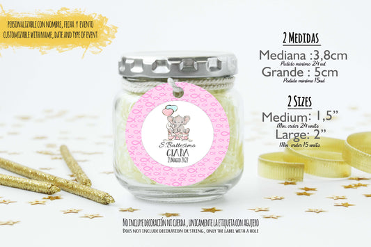 Etiquetas personalizadas de Elefantita Rosa con Globos para Souvenirs de Bautizo, Baby Shower o Cumpleaños - Paquete de 24 etiquetas redondas