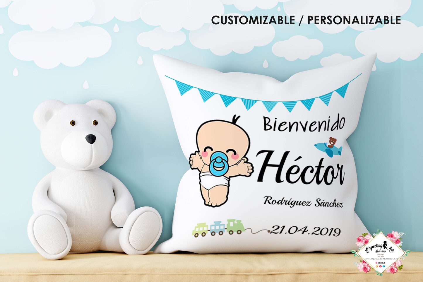 Cojín nacimiento de bebé personalizado con nombre| Modelo Bebé Héctor| Funda desenfundable (35cm x 35cm 40cm x 40cm)