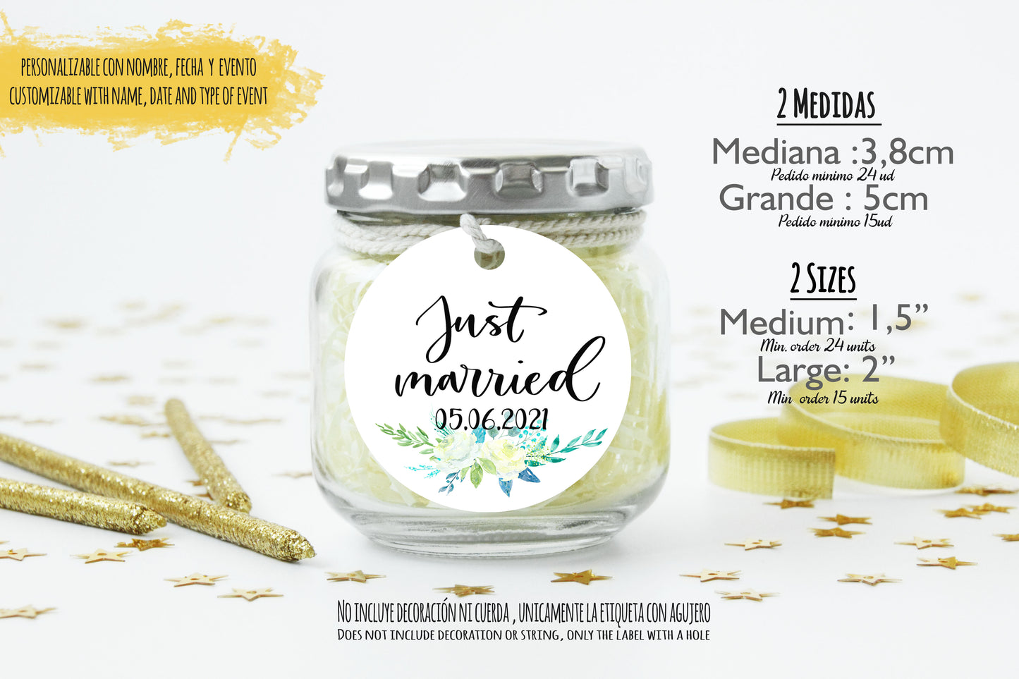 24 Etiquetas personalizadas redondas para detalles de boda | Mod. "Just Married Watercolor"