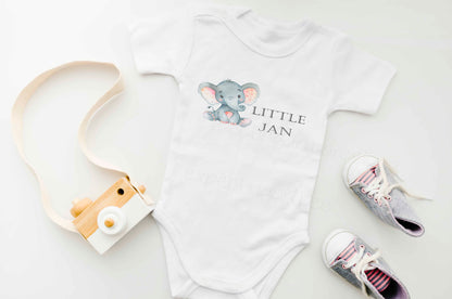 Body Blanco Bebé Personalizado con Nombre y Cumpleaños - Mod. Elefantito Little Jan - 100% Algodón