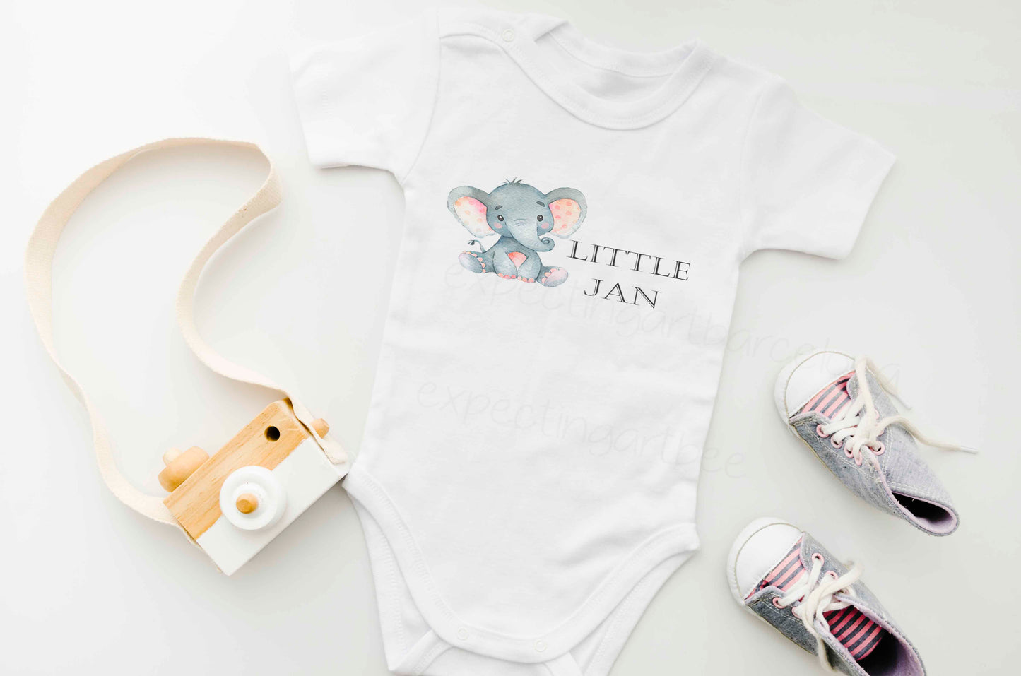 Body Blanco Bebé Personalizado con Nombre y Cumpleaños - Mod. Elefantito Little Jan - 100% Algodón