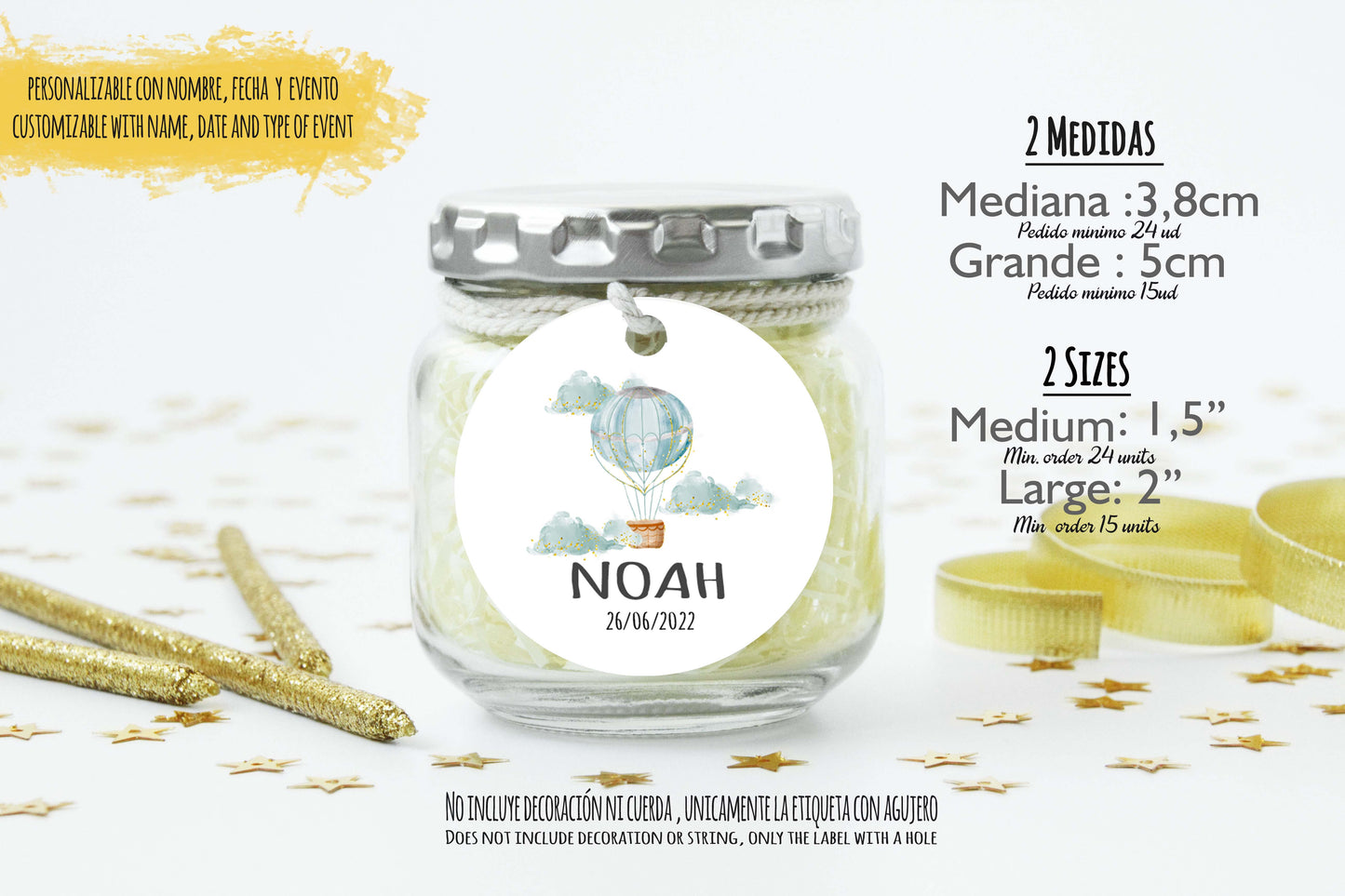 24 Etiquetas personalizadas redondas para bautizo| Comunión | Baby Shower | Mod. Noah Globo Aerostático azul