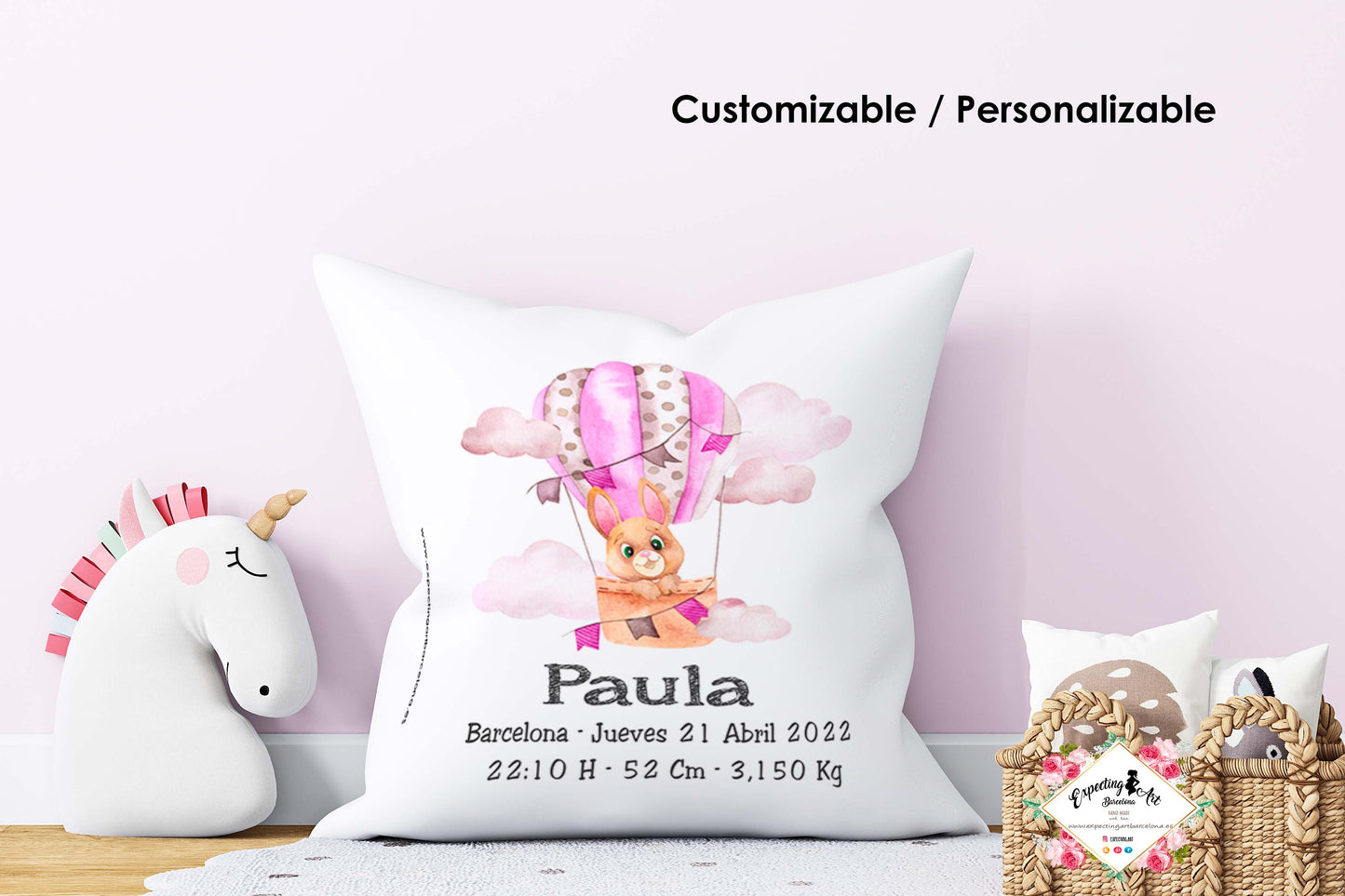 Cojín nacimiento de bebé personalizado con nombre y datos del bebé| Modelo Globo aerostático rosa Paula | Funda desenfundable (35cm x 35cm 40cm x 40cm)