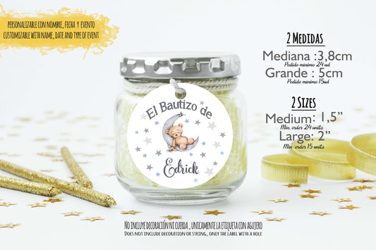 24 Etiquetas personalizadas redondas para bautizo| Comunión | Baby Shower | Mod. Osito y luna con estrellas