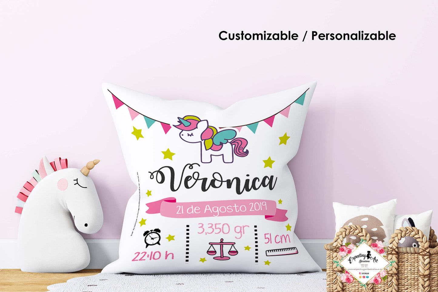 Cojín nacimiento de bebé personalizado con nombre y datos del bebé| Mod. Verónica Unicornio| Funda desenfundable (35cm x 35cm 40cm x 40cm)