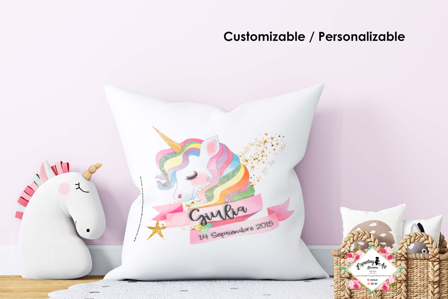 Cojín nacimiento de bebé personalizado con nombre y datos del bebé| Mod. Giulia Unicornio| Funda desenfundable (35cm x 35cm 40cm x 40cm)