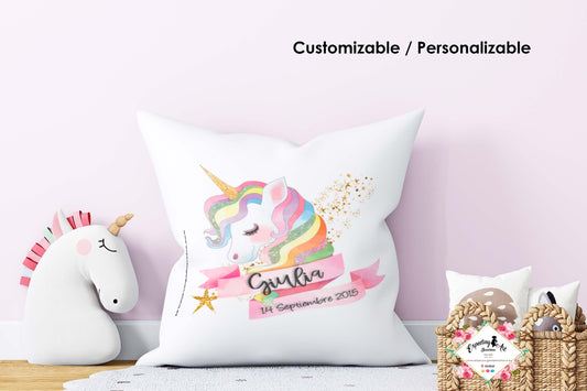 Cojín nacimiento de bebé personalizado con nombre y datos del bebé| Mod. Giulia Unicornio| Funda desenfundable (35cm x 35cm 40cm x 40cm)